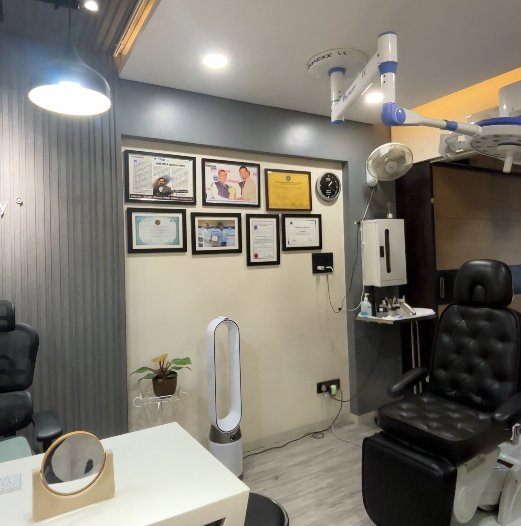 Doctor’s cabin with certificates on the wall and treatment chair